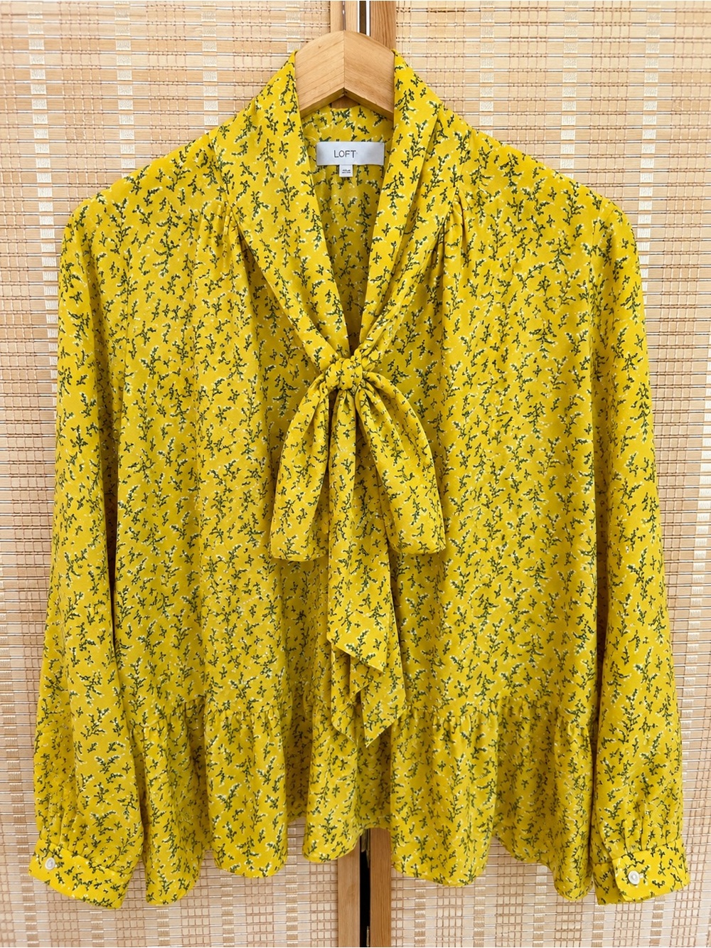 LOFT Yellow Floral Tie Neck Peplum Blouse Long Sleeve Women’s Top